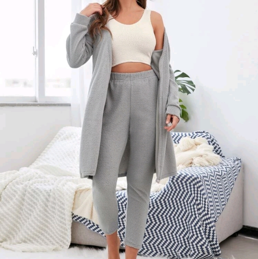 SHEIN NWOT grey fleece crop lounge set cardigan
